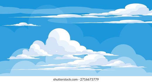 Cielo con la ilustración de las nubes en estilo plano. Cielo y fondo de nubes. Ilustración de dibujos animados de Vector nublado en color azul. Fondo de pantalla abstracto de Naturaleza.