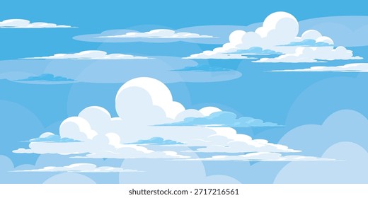Cielo con la ilustración de las nubes en estilo plano. Cielo y fondo de nubes. Ilustración de dibujos animados de Vector nublado en color azul. Fondo de pantalla abstracto de Naturaleza.