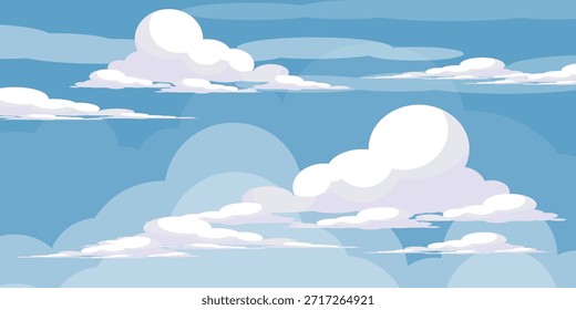 Cielo con la ilustración de las nubes en estilo plano. Cielo y fondo de nubes. Ilustración de dibujos animados de Vector nublado en color azul. Fondo de pantalla abstracto de Naturaleza.