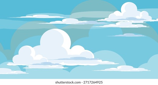 Cielo con la ilustración de las nubes en estilo plano. Cielo y fondo de nubes. Ilustración de dibujos animados de Vector nublado en color azul. Fondo de pantalla abstracto de Naturaleza.