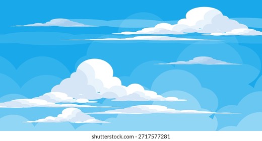 Cielo con la ilustración de las nubes en estilo plano. Cielo y fondo de nubes. Ilustración de dibujos animados de Vector nublado en color azul. Fondo de pantalla abstracto de Naturaleza.