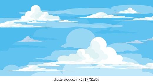 Cielo con la ilustración de las nubes en estilo plano. Cielo y fondo de nubes. Ilustración de dibujos animados de Vector nublado en color azul. Fondo de pantalla abstracto de Naturaleza.