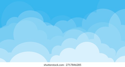 Cielo con la ilustración de las nubes en estilo plano. Cielo y fondo de nubes. Ilustración de dibujos animados de Vector nublado en color azul. Fondo de pantalla abstracto de Naturaleza.