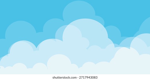 Cielo con la ilustración de las nubes en estilo plano. Cielo y fondo de nubes. Ilustración de dibujos animados de Vector nublado en color azul. Fondo de pantalla abstracto de Naturaleza.