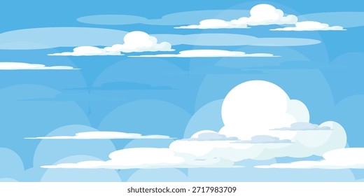 Cielo con la ilustración de las nubes en estilo plano. Cielo y fondo de nubes. Ilustración de dibujos animados de Vector nublado en color azul. Fondo de pantalla abstracto de Naturaleza.