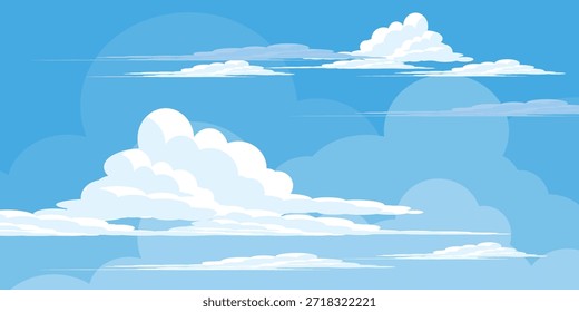 Sky with Clouds illustration in flat style. Sky and clouds background. Cloudy vector cartoon illustration in blue color. Nature abstract wallpaper.