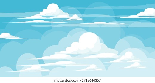 Cielo con la ilustración de las nubes en estilo plano. Cielo y fondo de nubes. Ilustración de dibujos animados de Vector nublado en color azul. Fondo de pantalla abstracto de Naturaleza.