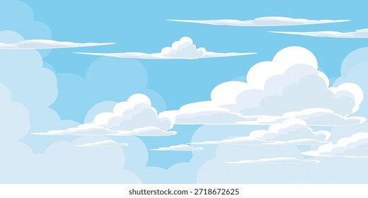 Cielo con la ilustración de las nubes en estilo plano. Cielo y fondo de nubes. Ilustración de dibujos animados de Vector nublado en color azul. Fondo de pantalla abstracto de Naturaleza.