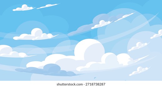 Sky with Clouds illustration in flat style. Sky and clouds background. Cloudy vector cartoon illustration in blue color. Nature abstract wallpaper.