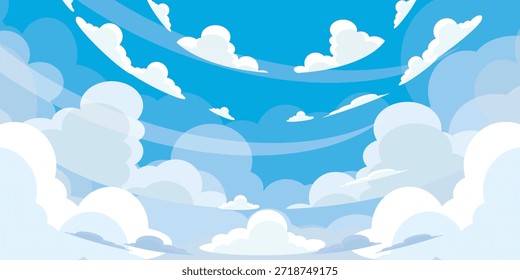 Cielo con la ilustración de las nubes en estilo plano. Cielo y fondo de nubes. Ilustración de dibujos animados de Vector nublado en color azul. Fondo de pantalla abstracto de Naturaleza.
