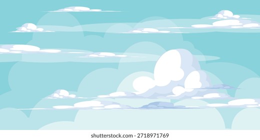 Cielo con la ilustración de las nubes en estilo plano. Cielo y fondo de nubes. Ilustración de dibujos animados de Vector nublado en color azul. Fondo de pantalla abstracto de Naturaleza.
