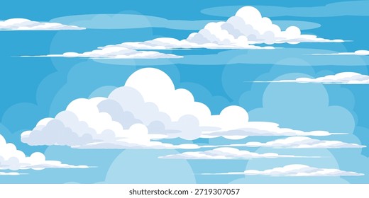 Cielo con la ilustración de las nubes en estilo plano. Cielo y fondo de nubes. Ilustración de dibujos animados de Vector nublado en color azul. Fondo de pantalla abstracto de Naturaleza.
