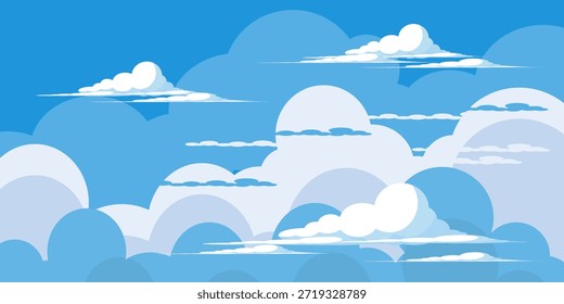 Cielo con la ilustración de las nubes en estilo plano. Cielo y fondo de nubes. Ilustración de dibujos animados de Vector nublado en color azul. Fondo de pantalla abstracto de Naturaleza.