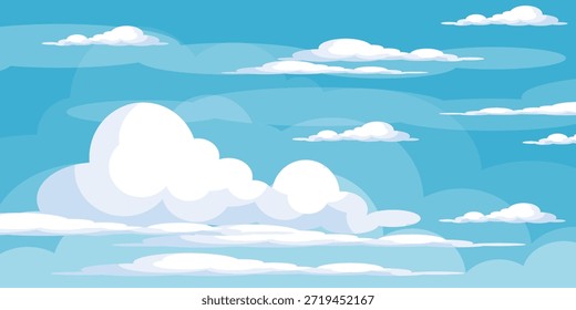 Cielo con la ilustración de las nubes en estilo plano. Cielo y fondo de nubes. Ilustración de dibujos animados de Vector nublado en color azul. Fondo de pantalla abstracto de Naturaleza.