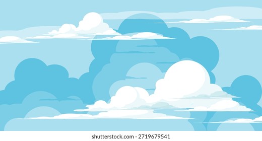 Cielo con la ilustración de las nubes en estilo plano. Cielo y fondo de nubes. Ilustración de dibujos animados de Vector nublado en color azul. Fondo de pantalla abstracto de Naturaleza.