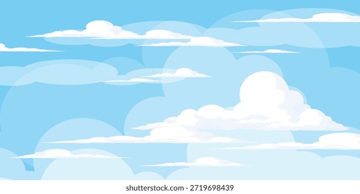 Cielo con la ilustración de las nubes en estilo plano. Cielo y fondo de nubes. Ilustración de dibujos animados de Vector nublado en color azul. Fondo de pantalla abstracto de Naturaleza.
