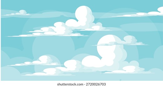 Cielo con la ilustración de las nubes en estilo plano. Cielo y fondo de nubes. Ilustración de dibujos animados de Vector nublado en color azul. Fondo de pantalla abstracto de Naturaleza.
