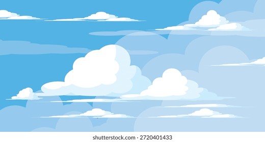 Cielo con la ilustración de las nubes en estilo plano. Cielo y fondo de nubes. Ilustración de dibujos animados de Vector nublado en color azul. Fondo de pantalla abstracto de Naturaleza.