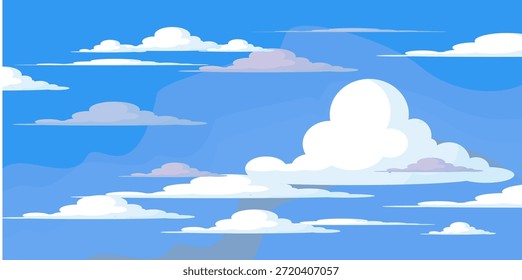Cielo con la ilustración de las nubes en estilo plano. Cielo y fondo de nubes. Ilustración de dibujos animados de Vector nublado en color azul. Fondo de pantalla abstracto de Naturaleza.