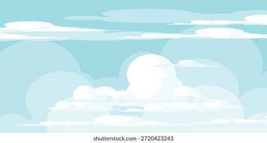 Cielo con la ilustración de las nubes en estilo plano. Cielo y fondo de nubes. Ilustración de dibujos animados de Vector nublado en color azul. Fondo de pantalla abstracto de Naturaleza.