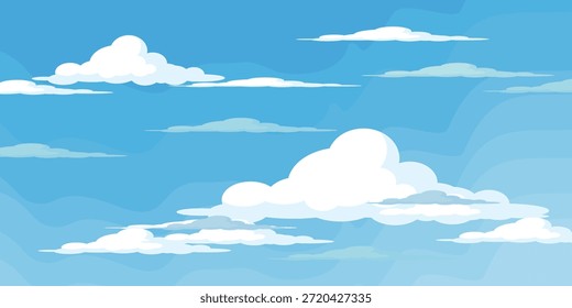 Cielo con la ilustración de las nubes en estilo plano. Cielo y fondo de nubes. Ilustración de dibujos animados de Vector nublado en color azul. Fondo de pantalla abstracto de Naturaleza.