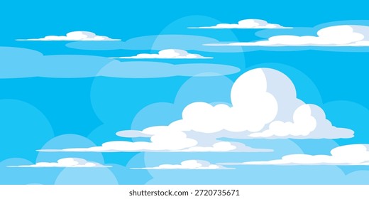 Sky with Clouds illustration in flat style. Sky and clouds background. Cloudy vector cartoon illustration in blue color. Nature abstract wallpaper.