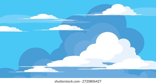 Sky with Clouds illustration in flat style. Sky and clouds background. Cloudy vector cartoon illustration in blue color. Nature abstract wallpaper.