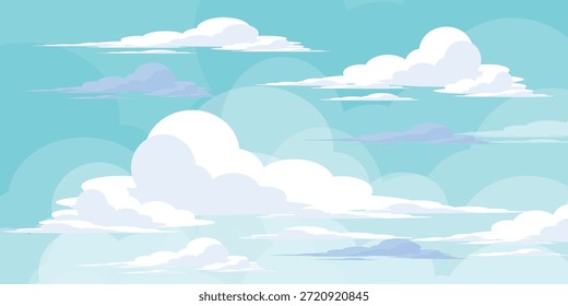 Sky with Clouds illustration in flat style. Sky and clouds background. Cloudy vector cartoon illustration in blue color. Nature abstract wallpaper.