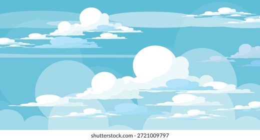 Cielo con la ilustración de las nubes en estilo plano. Cielo y fondo de nubes. Ilustración de dibujos animados de Vector nublado en color azul. Fondo de pantalla abstracto de Naturaleza.
