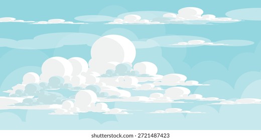 Cielo con la ilustración de las nubes en estilo plano. Cielo y fondo de nubes. Ilustración de dibujos animados de Vector nublado en color azul. Fondo de pantalla abstracto de Naturaleza.