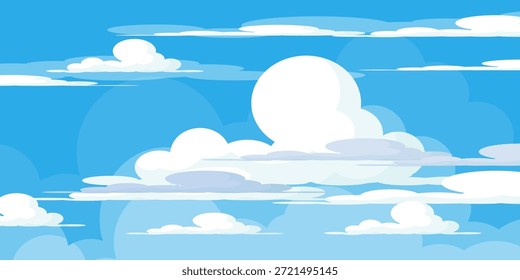 Sky with Clouds illustration in flat style. Sky and clouds background. Cloudy vector cartoon illustration in blue color. Nature abstract wallpaper.