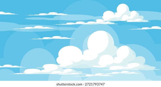 Sky with Clouds illustration in flat style. Sky and clouds background. Cloudy vector cartoon illustration in blue color. Nature abstract wallpaper.