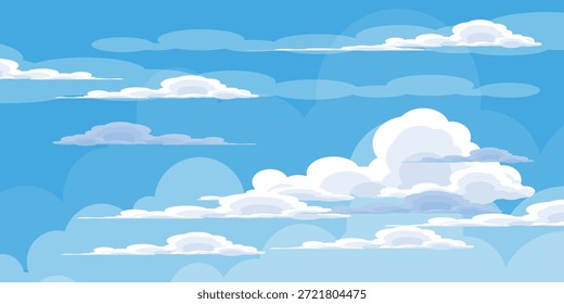 Cielo con la ilustración de las nubes en estilo plano. Cielo y fondo de nubes. Ilustración de dibujos animados de Vector nublado en color azul. Fondo de pantalla abstracto de Naturaleza.
