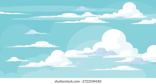 Cielo con la ilustración de las nubes en estilo plano. Cielo y fondo de nubes. Ilustración de dibujos animados de Vector nublado en color azul. Fondo de pantalla abstracto de Naturaleza.