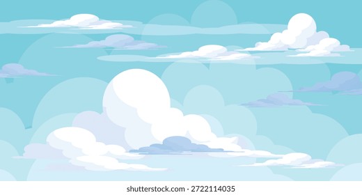 Sky with Clouds illustration in flat style. Sky and clouds background. Cloudy vector cartoon illustration in blue color. Nature abstract wallpaper.