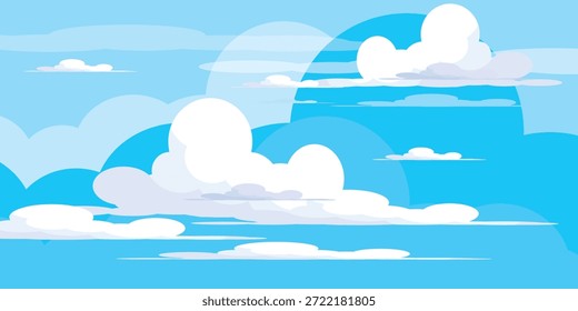 Sky with Clouds illustration in flat style. Sky and clouds background. Cloudy vector cartoon illustration in blue color. Nature abstract wallpaper.