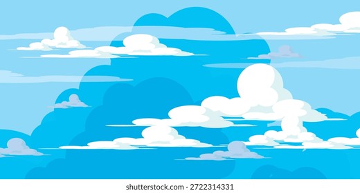 Sky with Clouds illustration in flat style. Sky and clouds background. Cloudy vector cartoon illustration in blue color. Nature abstract wallpaper.