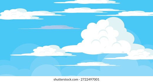 Cielo con la ilustración de las nubes en estilo plano. Cielo y fondo de nubes. Ilustración de dibujos animados de Vector nublado en color azul. Fondo de pantalla abstracto de Naturaleza.