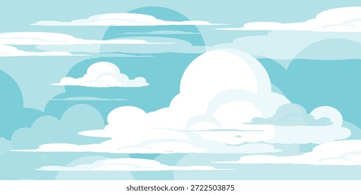 Cielo con la ilustración de las nubes en estilo plano. Cielo y fondo de nubes. Ilustración de dibujos animados de Vector nublado en color azul. Fondo de pantalla abstracto de Naturaleza.