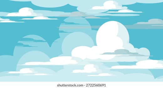 Cielo con la ilustración de las nubes en estilo plano. Cielo y fondo de nubes. Ilustración de dibujos animados de Vector nublado en color azul. Fondo de pantalla abstracto de Naturaleza.