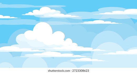 Cielo con la ilustración de las nubes en estilo plano. Cielo y fondo de nubes. Ilustración de dibujos animados de Vector nublado en color azul. Fondo de pantalla abstracto de Naturaleza.