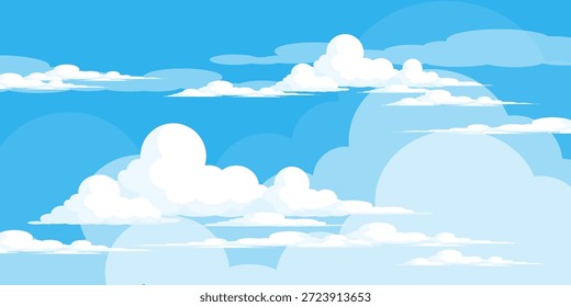 Cielo con la ilustración de las nubes en estilo plano. Cielo y fondo de nubes. Ilustración de dibujos animados de Vector nublado en color azul. Fondo de pantalla abstracto de Naturaleza.