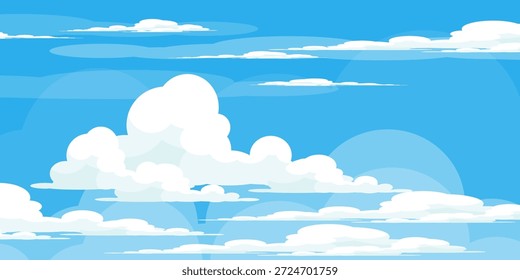 Sky with Clouds illustration in flat style. Sky and clouds background. Cloudy vector cartoon illustration in blue color. Nature abstract wallpaper.