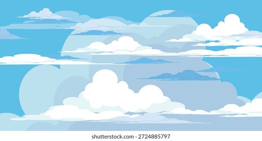 Cielo con la ilustración de las nubes en estilo plano. Cielo y fondo de nubes. Ilustración de dibujos animados de Vector nublado en color azul. Fondo de pantalla abstracto de Naturaleza.