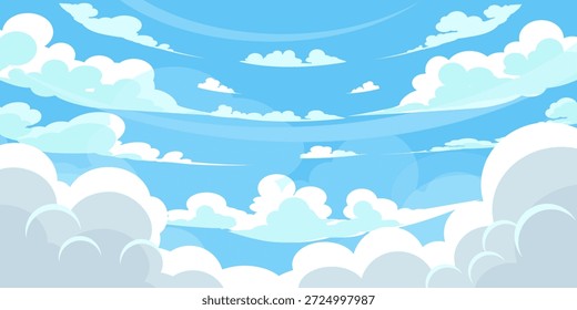Sky with Clouds illustration in flat style. Sky and clouds background. Cloudy vector cartoon illustration in blue color. Nature abstract wallpaper.
