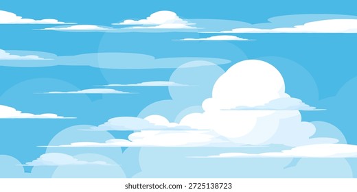 Sky with Clouds illustration in flat style. Sky and clouds background. Cloudy vector cartoon illustration in blue color. Nature abstract wallpaper.