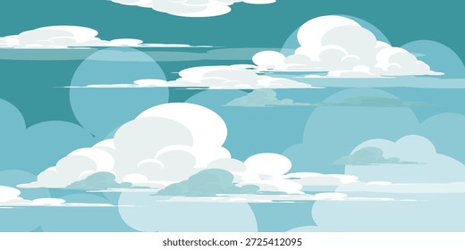 Cielo con la ilustración de las nubes en estilo plano. Cielo y fondo de nubes. Ilustración de dibujos animados de Vector nublado en color azul. Fondo de pantalla abstracto de Naturaleza.