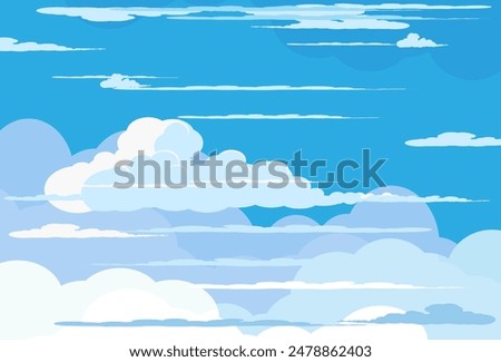 Sky with Clouds illustration in flat style. Sky and clouds background. Cloudy vector cartoon illustration in blue color. Nature abstract wallpaper.