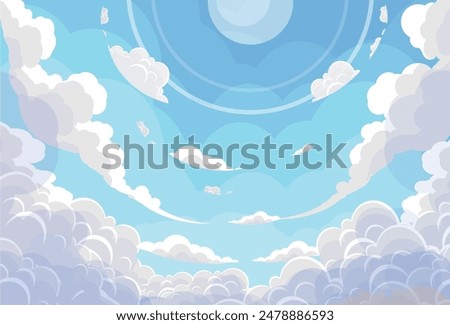 Sky with Clouds illustration in flat style. Sky and clouds background. Cloudy vector cartoon illustration in blue color. Nature abstract wallpaper.
