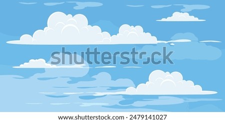 Sky with Clouds illustration in flat style. Sky and clouds background. Cloudy vector cartoon illustration in blue color. Nature abstract wallpaper.